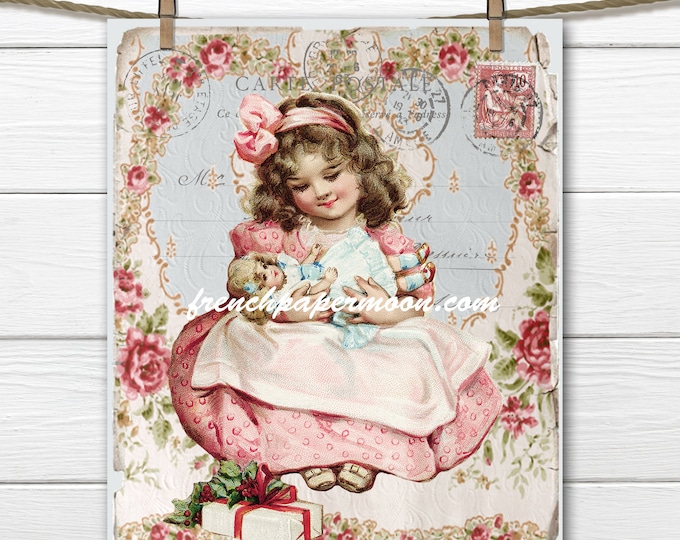 Shabby Chic Victorian Girl with Doll Printable , French Digital Christmas Postcard, Instant Download Digital Image