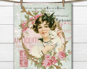 May include: A vintage advertisement featuring a woman with a white cat in her arms. The woman is wearing a black hat and a white dress. The advertisement is surrounded by pink roses and a gold frame. The text on the advertisement reads "Exposition Collective des Vins de la Gironde" and "Antiquité Colson, Rue..."