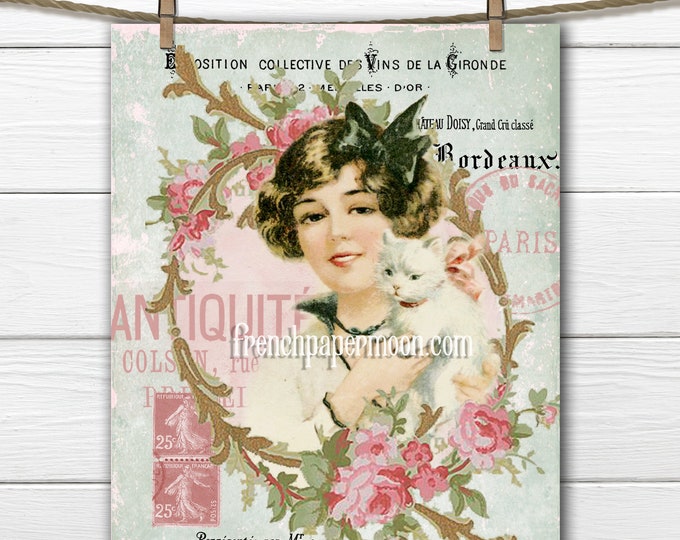 Vintage Shabby Cat Lady, Roses, French Graphics, Fabric Block Image, French Pillow Image, Printable Graphic