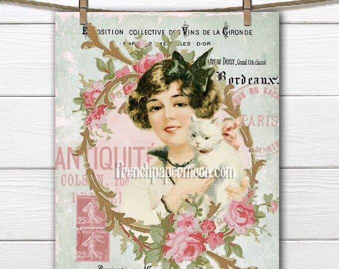 Vintage Shabby Cat Lady, Roses, French Graphics, Fabric Block Image, French Pillow Image, Printable Graphic