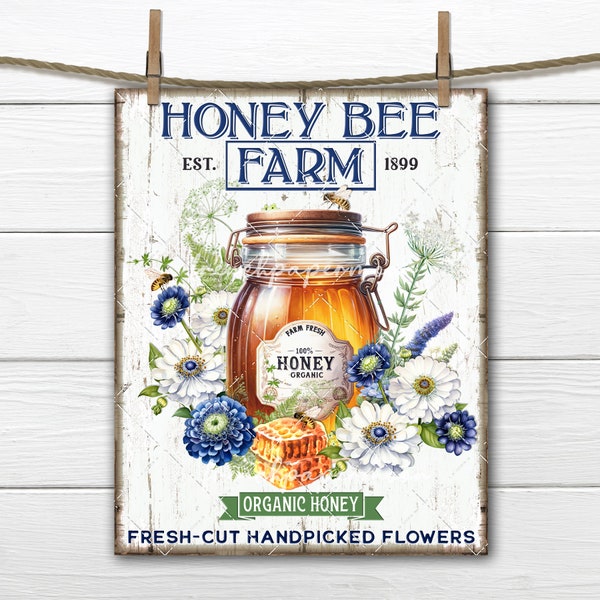 Farmhouse Honey Bee DIY Sign Digital PNG Spring Flowers Zinnia DTF Transfer Tiered Tray Home Decor Wreath Accent Honey Jar Honeycomb UPrint