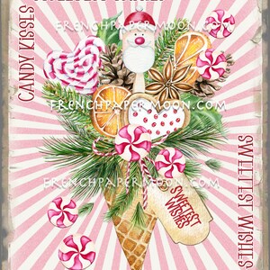 May include: A watercolor illustration of a Christmas-themed cone filled with candy canes, pinecones, star anise, orange slices, and a Santa figurine. The cone is surrounded by a pink and white striped background with the text "Sweetest Wishes" and "Candy Kisses" on either side.