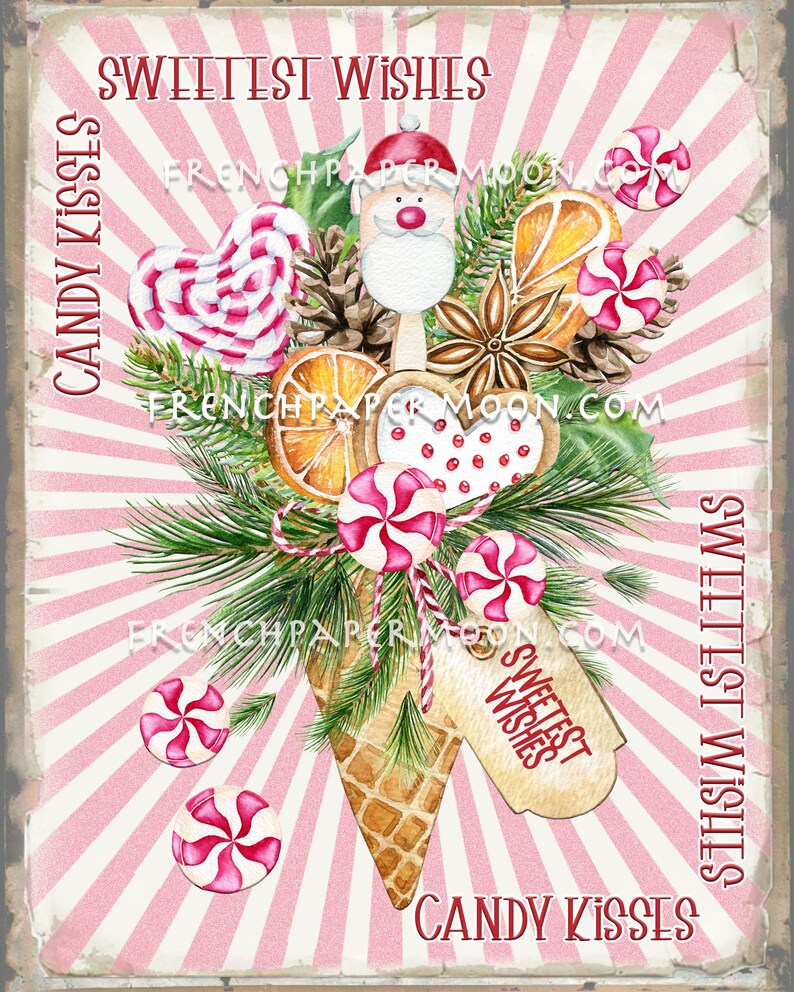 May include: A watercolor illustration of a Christmas-themed cone filled with candy canes, pinecones, star anise, orange slices, and a Santa figurine. The cone is surrounded by a pink and white striped background with the text "Sweetest Wishes" and "Candy Kisses" on either side.