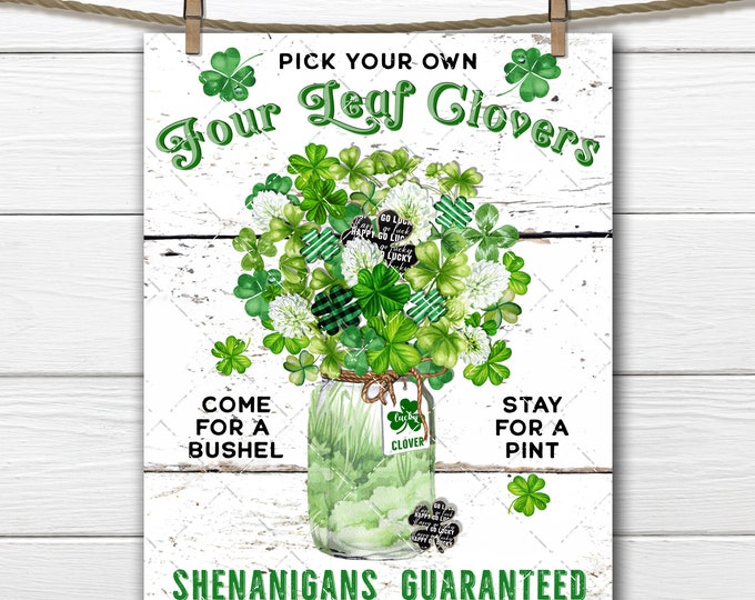 Farmhouse Clover Mason Jar Four-leaf Clovers Shenanigans Shamrocks DIY Sign Making Fabric Transfer Tiered Tray Home Decor Wreath Accent PNG