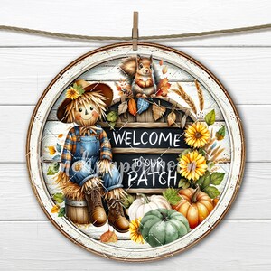 Otoño Espantapájaros Calabaza Parche Círculo Sublimación DIY Signo Haciendo Transferencia de Tela Diseño Redondo Doorhanger Corona Acento Bandeja Escalonada Decoración PNG