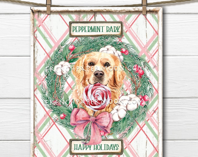 Golden Retriever Christmas Digital, Peppermint Bark Christmas Sign, Peppermint Candy,  Dog-lover Xmas Print, Fabric transfer, Wreath Decor