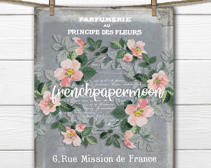 Vintage Shabby Wallpaper Flowers French typography  ephemera  graphic transfer digital print fabric transfer crafts large image