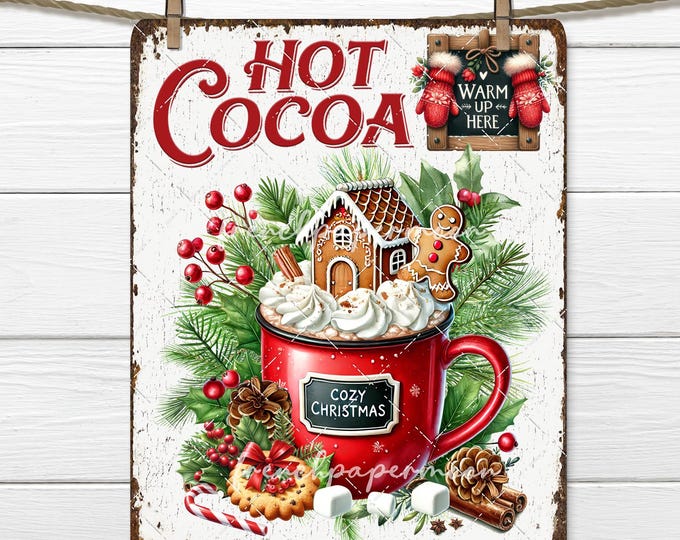Warm up here Hot Cocoa DIY Christmas Sign Winter Drink Cookies Holly Festive Xmas Digital Print Fabric Transfer Tiered tray Decor Wreath PNG