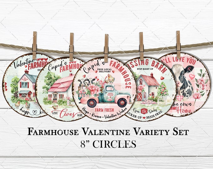 Farmhouse Valentine Circles Pickup Truck Cows Pigs Barn Sublimation Round Door Hanger DIY Sign Making Wreath Accent Variety Pack 8x8 PNG