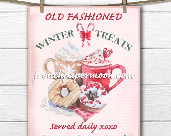 Pink Christmas Digital Hot Chocolate Printable, Winter Sign, Watercolor, Old-fashioned, DIY Xmas Crafts, Large Image