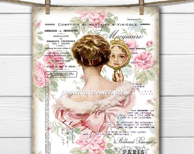 Shabby Victorian Lady, Floral Vintage Woman, French Graphic Harrison Fisher, Pillow Image, Printable Collage, Transparent, Fabric Transfer