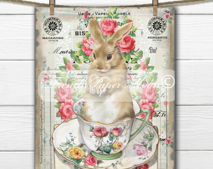 Vintage Shabby Digital Teacup Bunny, French Easter Bunny, French Bunny Pillow Image, Graphic Transfer, Easter Pillow, Printable Bunny