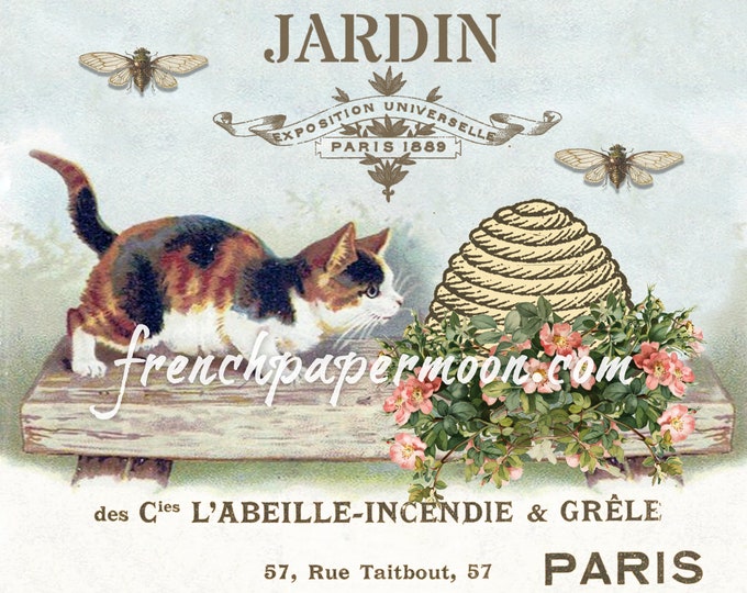 Vintage Kitten French Bee Graphics Shabby Spring Printable, Garden Roses, Instant Download, pillow image, crafts