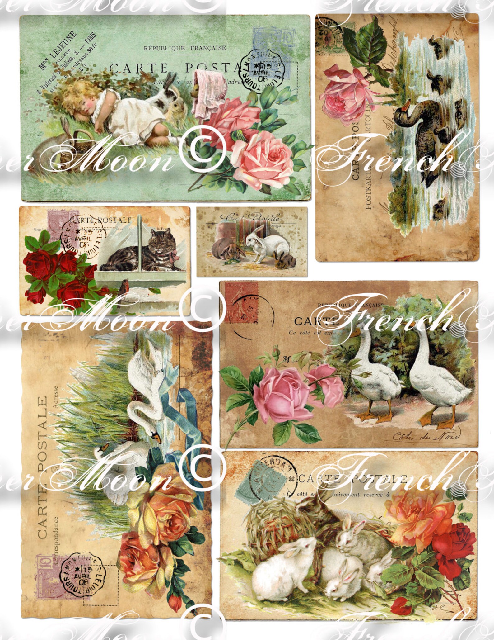 Vintage Digital Farmhouse Animals Printable French Postcards - Etsy