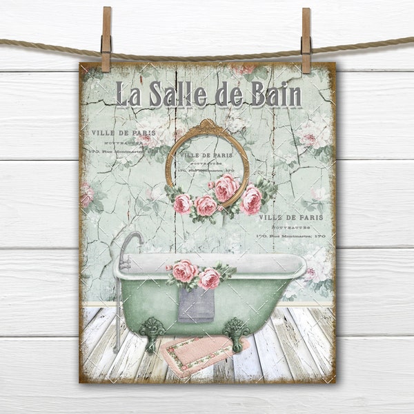 Victorian Bath Graphic, Shabby French Bathroom Print, Claw-foot Bathtub, Vintage Bath, French Bathroom, Digital, Large Size Graphic Transfer