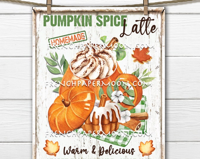 Pumpkin Spice Latte, Autumn Drink, Fall Beverage, Digital, DIY Decor Sign, Fabric Transfer, Digital Print, Kitchen Decor, Wreath Accent, PNG