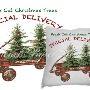 Digital Christmas Wagon with Tree, Hand-Drawn Red Wagon, Christmas Pillow Image, Instant Download Printable Xmas Transfer Graphic image 1