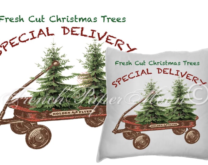 Digital Christmas Wagon with Tree, Hand-Drawn Red Wagon, Christmas Pillow Image, Instant Download Printable Xmas Transfer Graphic