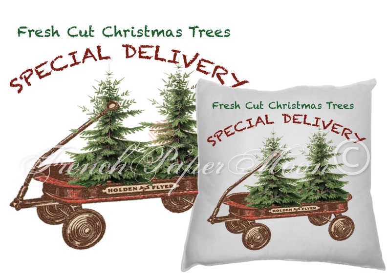 Digital Christmas Wagon with Tree, Hand-Drawn Red Wagon, Christmas Pillow Image, Instant Download Printable Xmas Transfer Graphic image 1