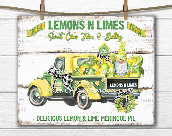 Gnome Truck, Farmhouse Lemons, Limes, Lemon Gnome, Digital Fruit Truck, Fabric Transfer, Pillow Image, Tiered Tray Decor, TeaTowel, DIY Sign