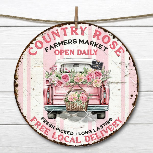 Country Rose Pink Truck Rose Basket Sublimation Circle 8x8 inch DIY Sign Making Fabric Transfer Wreath Accent Door Hanger Digital Print PNG