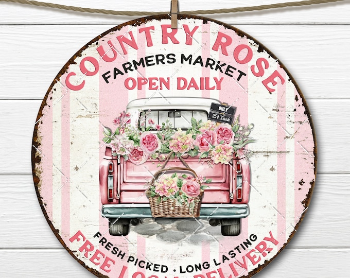 Country Rose Pink Truck Rose Basket Sublimation Circle 8x8 inch DIY Sign Making Fabric Transfer Wreath Accent Door Hanger Digital Print PNG