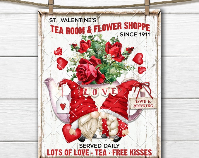 Valentine Gnomes, Kissing Gnomes, Teapot, Red Roses, DIY Valentine Sign, Fabric Transfer, Digital Print, Home Decor, PNG, Digital Print