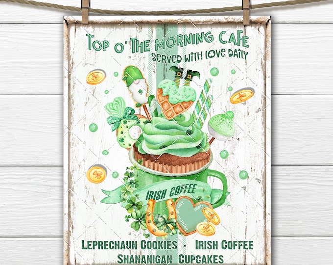 St. Patricks Day Cafe, Irish Coffee, DIY Irish Sign, Leprechaun, St. Patricks Sweets, Pillow Image, Wreath Attachment, Digital Print, PNG
