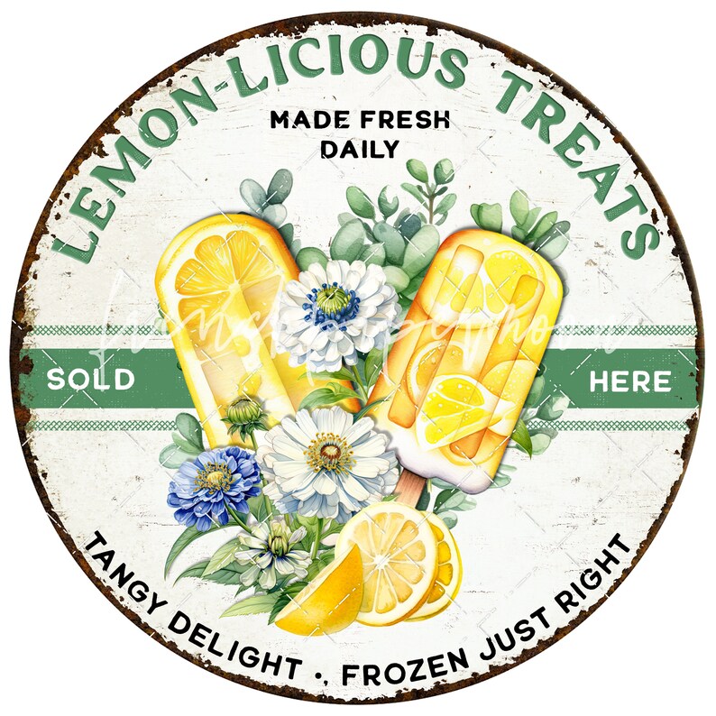 Summer Lemons Homemade Ice Cream Popsicles Gelato 8x8 inch circle Sublimation DIY Sign Making Door Hanger Home Decor Digital Print PNG image 3