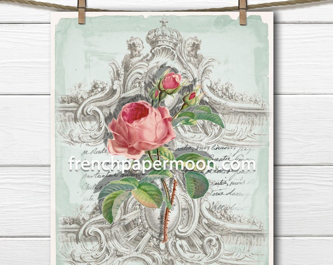 Victorian Rose French Graphic, Antique-style Shabby Rose Botanical Printable, Pink Rose, Digital Print, French Decor, Crafts