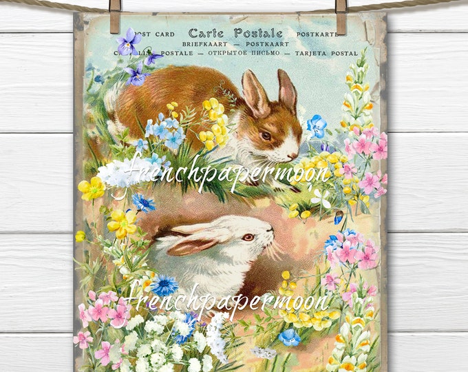 Shabby Spring Bunnies, Garden Bunny Printable, Bunny Rabbits, Wildflowers, Digital Postcard, Pillow Image, Easter Crafts, Spring Decor