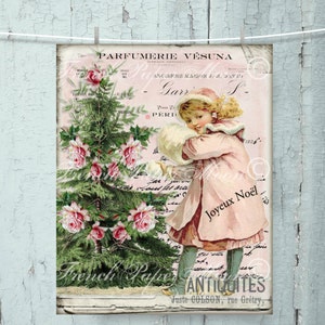 Shabby Pink Christmas Victorian Girl, Vintage Girl, Winter Scene Christmas Digital, Snow, Printable Christmas Image, Transfer, Xmas Print