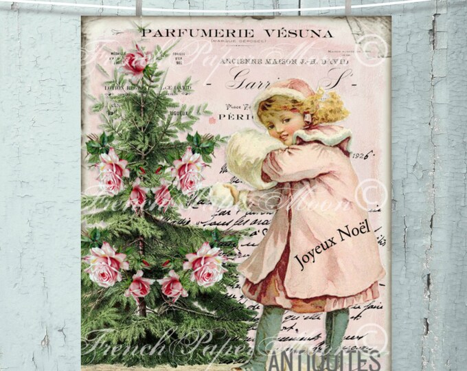 Shabby Pink Christmas Victorian Girl, Vintage Girl, Winter Scene Christmas Digital, Snow, Printable Christmas Image, Transfer, Xmas Print