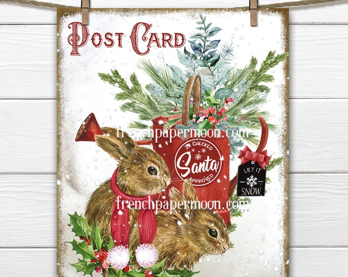 Cute Christmas Bunnies Digital, Snow Bunnies, Winter Animal, Xmas Greens, Scarf, Pillow Image, DIY Christmas Sign, Transparent, Print