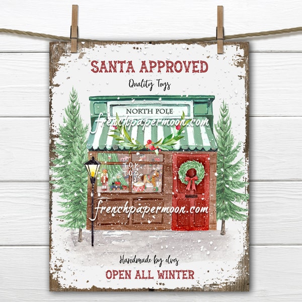 Retro Christmas Toy Store Print, North Pole, Old-fashioned, Santa Toy Shop, Fabric Transfer, Christmas Pillow Image, DIY Xmas Sign, PNG