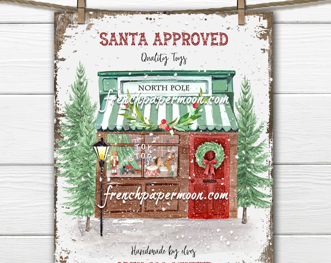 Retro Christmas Toy Store Print, North Pole, Old-fashioned, Santa Toy Shop, Fabric Transfer, Christmas Pillow Image, DIY Xmas Sign, PNG