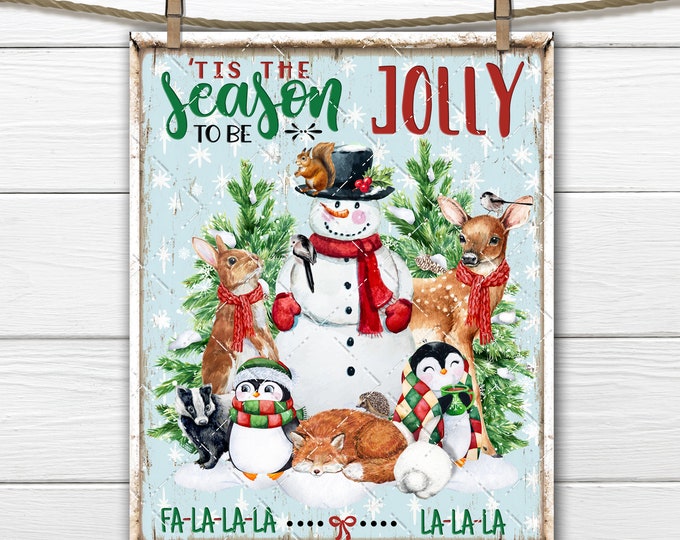 Christmas Retro Snowman Woodland Animals, Penguins, DIY Christmas Farmhouse Sign Making Digital Print Fabric Transfer Wreath Accent PNG