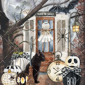 May include: A watercolor illustration of a spooky Halloween scene with a black cat, pumpkins, a ghost, a spider, a clock, and a sign that says "Trick or Treat".