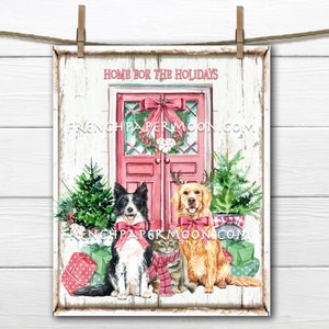 May include: A watercolor painting of a red door with a wreath and a bow. Two dogs, a black and white border collie and a golden retriever, are sitting in front of the door with a cat. The text "Home for the Holidays" is above the door.