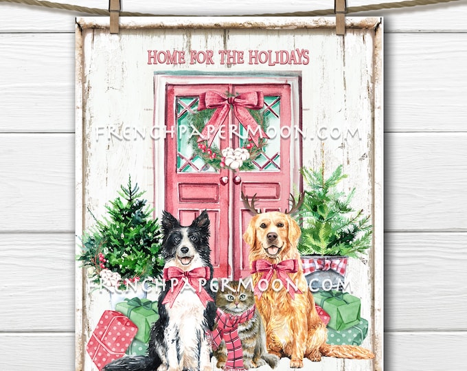 Christmas Dogs, Christmas Cat, Front Door, Winter Scene, DIY Christmas Sign, Wreath Accent, Xmas Decor, Digital Print, Fabric Transfer