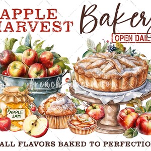 May include: A watercolor illustration of an apple harvest bakery with a sign that says "Bakery Open Daily". The image features a variety of baked goods, including apple pies, muffins, and apple jam. The bakery is decorated with apples, leaves, and flowers. The text "Fall Flavors Baked to Perfection" is at the bottom of the image.