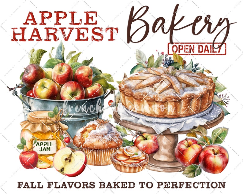 May include: A watercolor illustration of an apple harvest bakery with a sign that says "Bakery Open Daily". The image features a variety of baked goods, including apple pies, muffins, and apple jam. The bakery is decorated with apples, leaves, and flowers. The text "Fall Flavors Baked to Perfection" is at the bottom of the image.