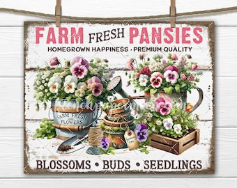 Spring Garden Pansies DIY Signs Decoupage, Tissue Paper, Fabric Transfer Tiered Tray Decor, Digital