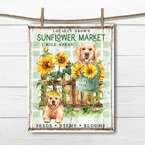 Sunflower Market Sign, Golden Retriever Dogs, Farmhouse DIY Sign, Fall Flower Market, Fabric Transfer, Wreath Accent, Digital U Print, Decor