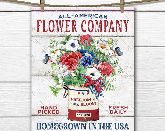 Farmhouse Patriotic Flower Market Red White Blue Floral Bouquet 4th of July DIY Sign Making Tiered Tray Wreath Accent Digital PNG PartyDecor