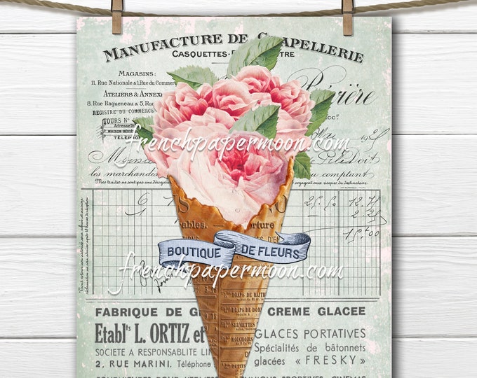 Shabby French Cabbage Rose Graphic, Ice-Cream Rose, Floral Cone, French Pillow Image, Vintage Pink Rose, Transparent, Digital Transfer Image