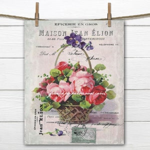 Cyfrowy wiktoriański wiosenny kosz róż, drukowana grafika wiosenna w stylu vintage, materiały rzemieślnicze, francuski obraz poduszki, decoupage, transfer na tkaninę