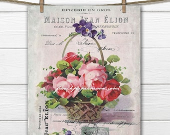 May include: A vintage French grocery store advertisement featuring a basket of pink and red roses with green leaves. The text reads "ÉPICERIE EN GROS MAISON JEAN ÉLION 66-68. Place CHATEAUROUא TÉLÉPHONE 89"