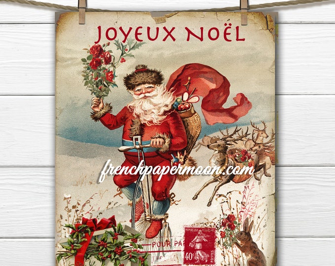 Vintage Rustic Santa on Bike, French Graphics, Instant Download, Christmas Pillows, Large Image Graphic Transfer
