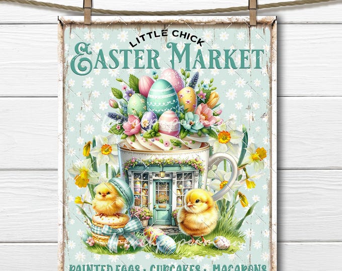 Adorable Chick Easter Market, Easter Egg Shop, Pastel Easter Eggs, Yellow Chicks, Macaron, Cupcake, DIY Sign, Tiered Tray Decor, Digital PNG
